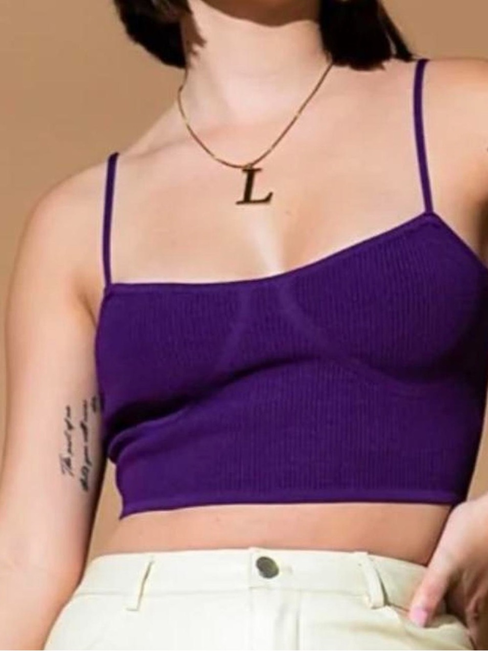 Purple Ribbed Spaghetti Strap Crop Tank Top